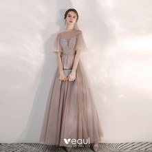 Eleganckie Różowy Perłowy Przezroczyste Sukienki Wieczorowe 2020 Princessa Kwadratowy Dekolt Kótkie Rękawy Rękawy z dzwoneczkami Frezowanie Długie Wzburzyć Bez Pleców Sukienki W...