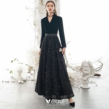 Elegancka Czarne Sukienki Wieczorowe 2020 Princessa V-Szyja Kutas Cekiny Długie Rękawy Długie Sukienki Wizytowe