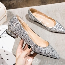 Uroczy Srebrny Buty Ślubne 2020 Cekiny Szpiczaste Płaskie Ślub Czółenka