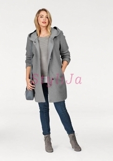Szary płaszcz damski wiosenny z kapturem. Płaszcz na wiosnę. Płaszcz damski. Modny płaszcz. Modne kobiety. stylija.pl