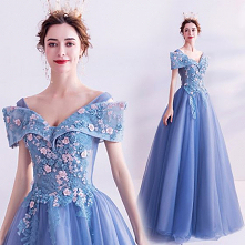 Wróżka Kwiatowa Niebieskie Sukienki Na Bal 2020 Princessa V-Szyja Perła Z Koronki Kwiat Kótkie Rękawy Bez Pleców Długie Sukienki Wizytowe