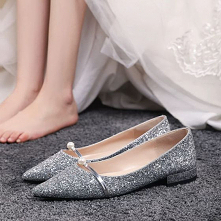 Błyszczące Uroczy Srebrny Cekiny Płaskie Buty Ślubne 2020 Szpiczaste Ślub Na Obcasie