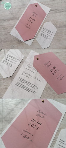 Minimalistyczne zaproszenia ślubne z kolekcji Ann. Dwie kartki połączone złotym nitem i luźny bilecik na dodatkowe informacje. 
Znajdą się tutaj wielbiciele geometrycznych kszta...