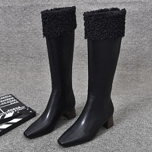 Piękne Zima Czarne Zużycie ulicy Buty Damskie 2020 Skórzany 5 cm Grubym Obcasie Kwadratowe Boots