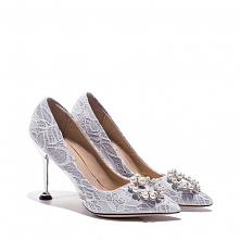 Elegancka Białe Perła Rhinestone Z Koronki Kwiat Buty Ślubne 2021 Wysokie Obcasy 8 cm Szpilki Szpiczaste Ślub Czółenka