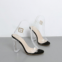 Seksowne Czarne Koktajlowe Przezroczysta Sandały Damskie 2021 11 cm Kryształ Grubym Obcasie Z Paskiem Peep Toe Wysokie Obcasy Sandały