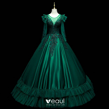 Vintage Ciemnozielony Satyna Sukienki Na Bal 2021 Suknia Balowa Wycięciem Frezowanie Cekiny Z Koronki Kwiat Długie Rękawy Bez Pleców Długie Sukienki Wizytowe