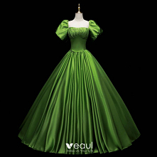 Vintage Suknia Balowa Zielony Satyna Sukienki Na Bal 2021 Kwadratowy Dekolt Kótkie Rękawy Bez Pleców Długie Sukienki Wizytowe