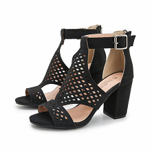 Piękne Czarne Zużycie ulicy Sandały Damskie 2021 Przebili T-Bar 8 cm Grubym Obcasie Peep Toe Sandały