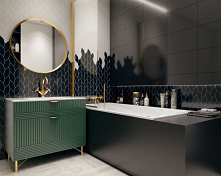 łazienka glamour w białych i czarnych barwach z mozaiką w kształcie łezki.