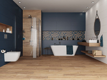 Nowoczesna łazienka w kolorach niebieskiego z elementami drewna