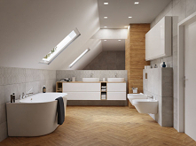 Łazienka na poddaszu w stylu skandynawskim.