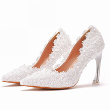 Eleganckie Białe Perła Z Koronki Kwiat Buty Ślubne 2021 9 cm Szpilki Szpiczaste Ślub Czółenka Wysokie Obcasy