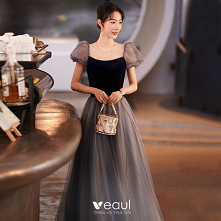 Eleganckie Granatowe Sukienki Na Bal 2021 Princessa Kwadratowy Dekolt Bufiasta Kótkie Rękawy Bez Pleców Długie Bal Sukienki Wizytowe