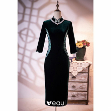 Vintage Ciemnozielony Welur Haftowane Cheongsam Sukienki Wieczorowe 2021 Syrena / Rozkloszowane Zamszowe Wysokiej Szyi 1/2 Rękawy Podział Przodu Długość Herbaty Sukienki Wizytowe