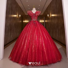 Piękne Burgund Cekinami Cekiny Sukienki Na Bal Suknia Balowa 2022 V-Szyja Rhinestone Kótkie Rękawy Bez Pleców Długie Sukienki Wizytowe