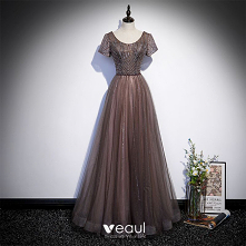 Piękne Brązowy Frezowanie Cekiny Sukienki Na Bal 2022 Princessa Wycięciem Kótkie Rękawy Bez Pleców Długie Sukienki Wizytowe