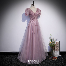 Eleganckie Lawenda Sukienki Na Bal 2022 Princessa V-Szyja Frezowanie Aplikacje Cekiny Kótkie Rękawy Bez Pleców Długie Sukienki Wizytowe