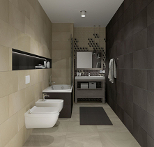 Mała łazienka w beżowym odcieniu.