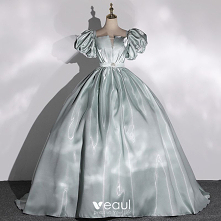 Elegancka Szałwia Zielony Satyna Sukienki Na Bal 2022 Suknia Balowa Kwadratowy Dekolt Bufiasta Kótkie Rękawy Bez Pleców Kokarda Długie Sukienki Wizytowe