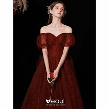 Uroczy Burgund Cekinami Sukienki Na Bal 2022 Princessa Przy Ramieniu Frezowanie Kutas Kótkie Rękawy Bez Pleców Długie Sukienki Wizytowe