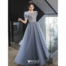 Eleganckie Błękitne Frezowanie Cekiny Sukienki Na Bal 2022 Princessa Wycięciem Kótkie Rękawy Długie Sukienki Wizytowe