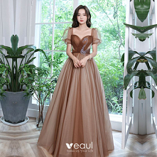 Piękne Brązowy Sukienki Na Bal 2022 Princessa Kwadratowy Dekolt Bufiasta Kótkie Rękawy Rhinestone Bez Pleców Długie Sukienki Wizytowe