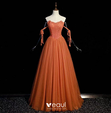 Piękne Pomarańczowy Frezowanie Perła Sukienki Na Bal 2022 Princessa Bez Ramiączek Bez Rękawów Bez Pleców Długie Bal Sukienki Wizytowe