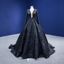 Vintage Wysokiej Klasy Czarne Wykonany Ręcznie Frezowanie Cekiny Sukienki Na Bal 2022 Suknia Balowa Wycięciem Długie Rękawy Trenem Sweep Sukienki Wizytowe