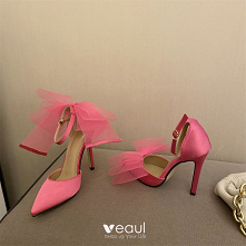 Uroczy Fuksja Wieczorowe Lato Sandały Damskie 2022 11 cm Szpilki Z Paskiem Kokarda Szpiczaste Sandały Wysokie Obcasy