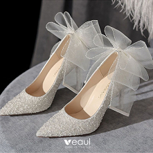 Uroczy Kość Słoniowa Kokarda Cekiny Buty Ślubne 2022 10 cm Szpilki Szpiczaste Ślub Czółenka Wysokie Obcasy