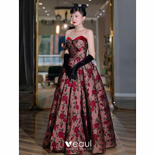 Vintage Burgund Satyna Druk Sukienki Na Bal 2022 Princessa Kokarda Bez Ramiączek Bez Rękawów Bez Pleców Długie Bal Sukienki Wizytowe