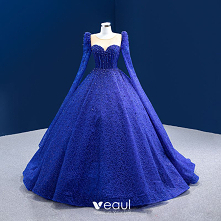 Wysokiej Klasy Vintage Królewski Niebieski Wykonany Ręcznie Frezowanie Cekiny Sukienki Na Bal 2022 Suknia Balowa Wycięciem Długie Rękawy Trenem Sąd Bal Sukienki Wizytowe