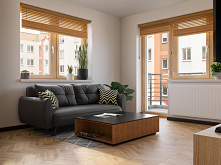 Nowoczesny salon wypoczynkowy wykończony w drewnie.