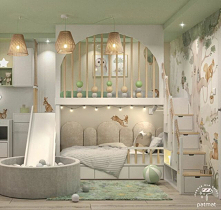 Projekt dla energicznego chłopca, kochającego koty i kosmos. Dwupoziomowa antresola w pokoju dziecka ze zjeżdżalnią, przejściami i skrytkami.