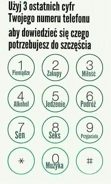 0 - muzyka 1 - pieniądze 2 - zakupy 3 - miłość 4 - alko 5 - jedzenie 6 - podróż 7 - sen 8 - seks 9 - przyjaciele Miłość, alko, przyjaciele... Nie!
