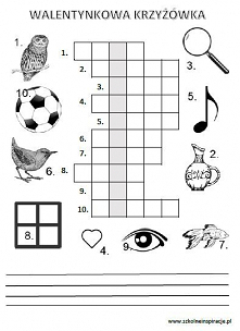 Obrazkowa walentynkowa krzyżówka dla dzieci do wydrukowania dla całej klasy. Już pierwszoklasiści dadzą sobie radę z rozwiązaniem łamigłówki.