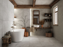 Aranżacja eklektycznej łazienki w betonie i drewnie. Płytki imitujące beton pochodzą z kolekcji Azario Concrete.