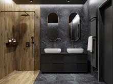 Aranżacja łazienki w stylu nowoczesnym w ciemnym kamieniu z jasnymi żyłami i w drewnie w strefie prysznicowej.