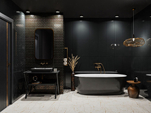 Łazienka glamour z wykorzystaniem dekoracyjnych płytek z kolekcji Tubądzin Sophi Oro.