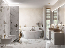 Łazienka glamour ze złotymi akcentami w pięknym kamieniu Azario Irix.