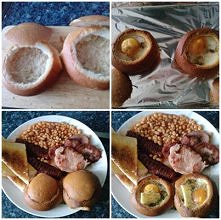 Śniadanie - Jajka, bułka, fasolka, kiełbaska, bekon,chleb tostowy