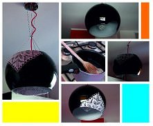 Naprawa zbitego żyrandola.
- uszkodzony żyrandol;)
-  krochmal
- czarna taśma izolacyjna
- biała kartka
- 2 x koronkowe serwetki.

1.Zaklejamy dziurę z jednej strony taśmą izola...