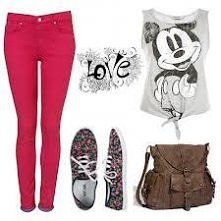 różowe spodnie, szara bluzk...