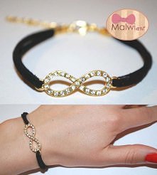 nieskończoność z cyrkoniami pozłacana na czarnym rzemyku -> Malwiart, znajdź nas na fb i polub :)