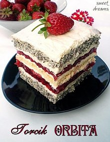 Zapraszam na torcik z orzeźwiającą masą truskawkową i masą budyniową oraz piegowatym, makowym biszkoptem, dosyć pracochłonny, jak wszystkie przekładańce, ale pyszny.
Torcik ORBI...
