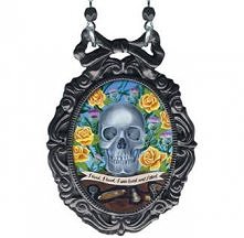 Classic Hardware Jewelry - Don Of The Dead Skull Oval Bow Frame Necklace on Faceted Jet Black Beaded Chain with Original Artwork by Bonni Reid