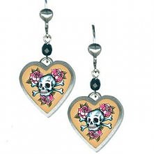 Classic Hardware Jewelry - Stainless Steel Tattoo Inspired Skull & Roses Earrings with Faceted Accent Jet Beads