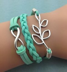 .Bransoletka handmade - nieskończoność, listki, miętowa.