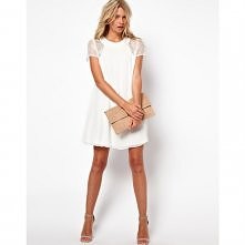 Women’s Elegant Lace Sleeve Back Patchwork White Chiffon Dress $28.39